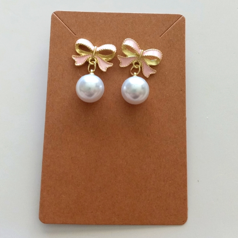 Gold Bow Pearl Drop Earrings Very Very Light Pink